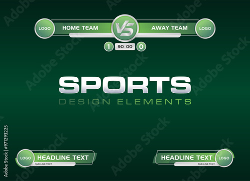 Green Modern Sports Scoreboard Vector Overlay Template with Team Logos and Match Details. Editable vector graphics