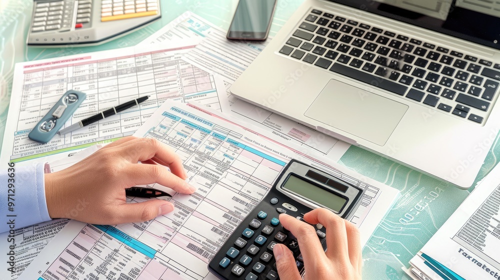 Modern Accountant Managing Taxes with Laptop and Calculating Tools Modern Accountant Managing Taxes with Laptop and Calculating Tools