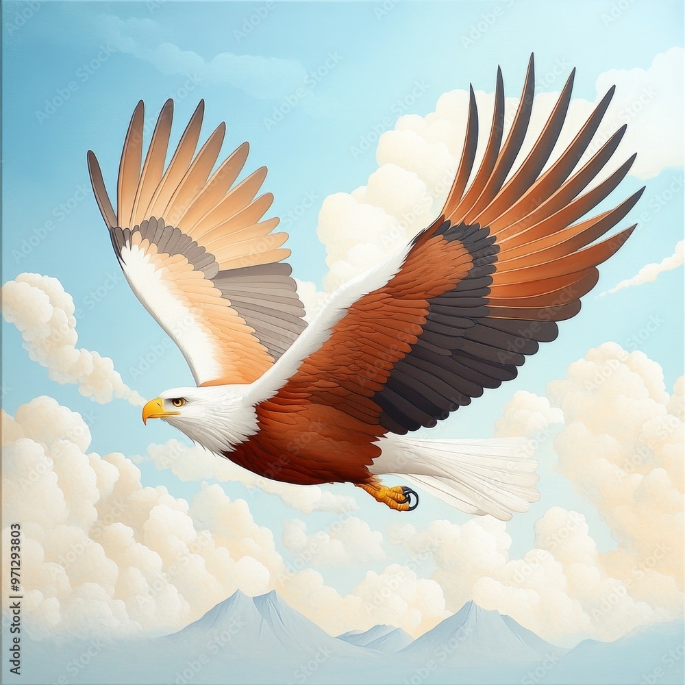 Fototapeta premium Majestic Eagle Soaring Through Clouds with Mountain Range in Background