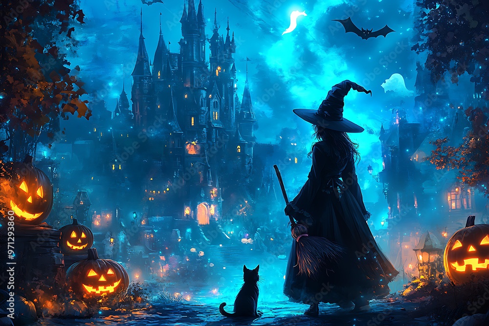 A beautiful witch wearing a black magic hat stands with a broom, while a black cat sits at her feet. Carved Halloween pumpkins are placed on the ground, creating a festive scene A beautiful witch wearing a black magic hat stands with a broom, while a black cat sits at her feet. Carved Halloween pumpkins are placed on the ground, creating a festive scene