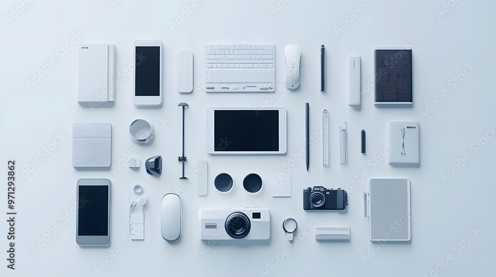 Minimalist tech icons arranged symmetrically on a smooth white surface Minimalist tech icons arranged symmetrically on a smooth white surface