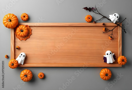 Wooden Board with Halloween Pumpkins and Ghosts