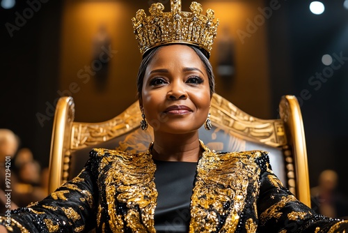 A regal queen sitting on a throne, adorned with a golden crown and royal attire, exuding wisdom, power, and grace photo