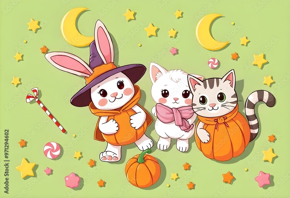 Cartoon bunny and cat dressed for Halloween with pumpkins Cartoon bunny and cat dressed for Halloween with pumpkins
