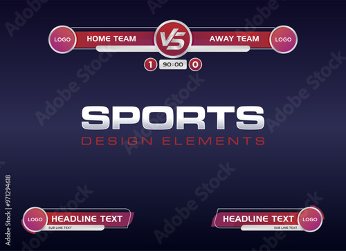 Red Modern Sports Scoreboard Vector Overlay Template with Team Logos and Match Details. Editable vector graphics