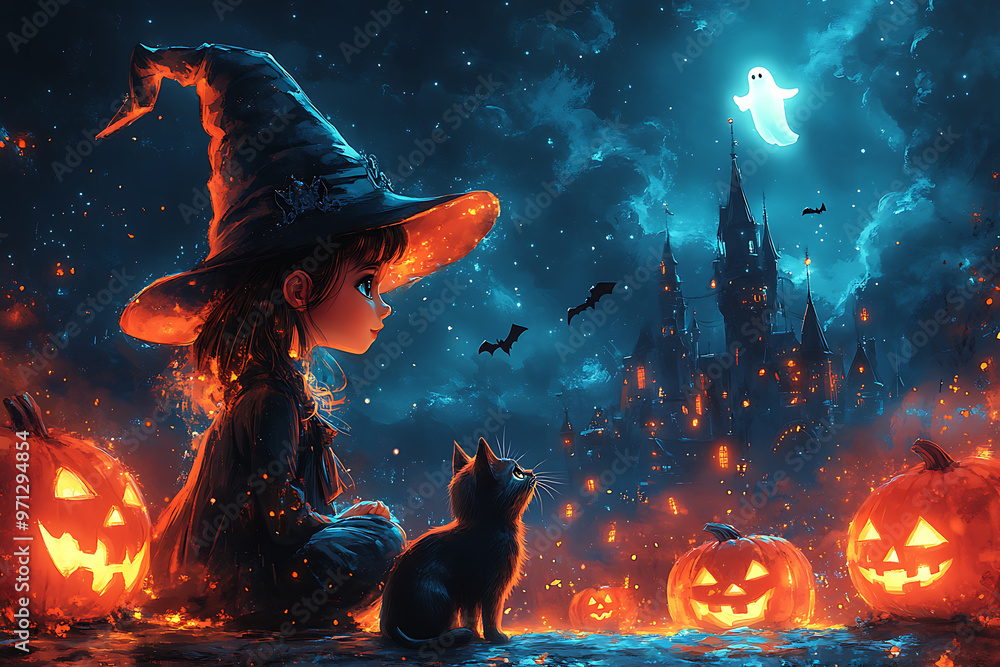 A beautiful witch wearing a black magic hat stands with a broom, while a black cat sits at her feet. Carved Halloween pumpkins are placed on the ground, creating a festive scene A beautiful witch wearing a black magic hat stands with a broom, while a black cat sits at her feet. Carved Halloween pumpkins are placed on the ground, creating a festive scene