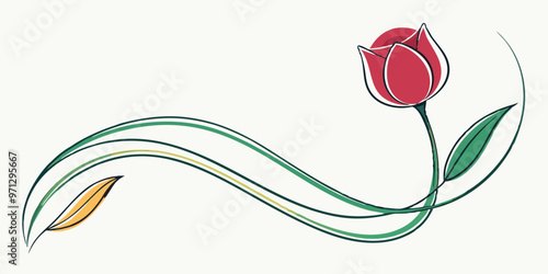 A minimalist line art design of a tulip in bloom with a long, curved stem.

