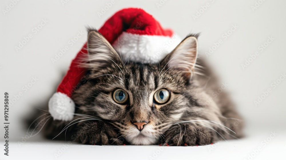 Adorable Grey Cat in Santa Hat Resting with Amused Expression
Adorable Grey Cat in Santa Hat Resting with Amused Expression