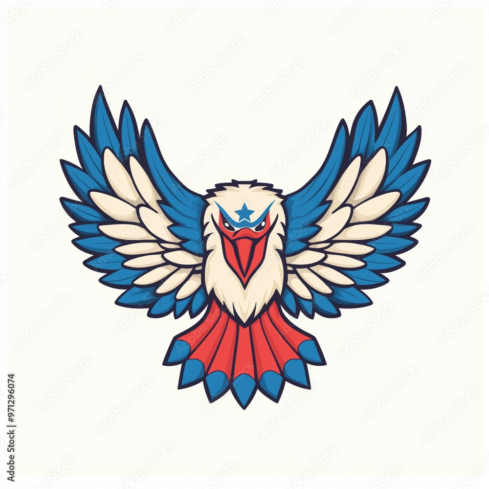 Fototapeta premium Cartoon Eagle Mascot Logo Design with Blue and Red Wings