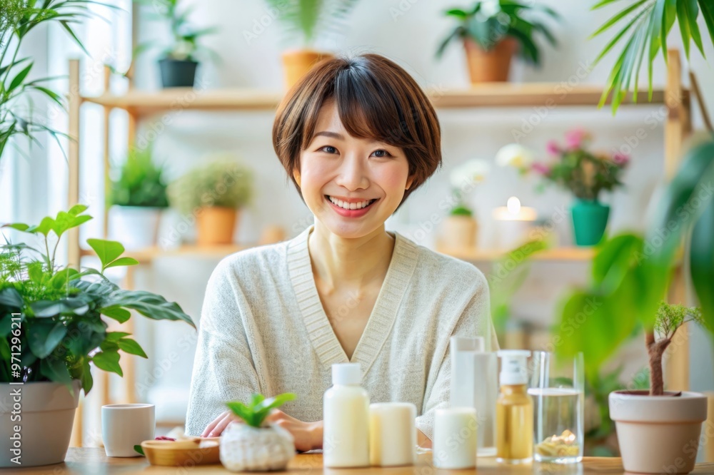 Young Japanese Woman with Short Hair Enjoying Morning Skincare Routine in a Cozy Indoor Setting Young Japanese Woman with Short Hair Enjoying Morning Skincare Routine in a Cozy Indoor Setting
