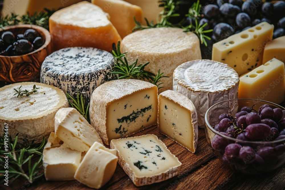 Assortment of cheese on wooden table, closeup. Dairy products. Cheese Selection. Large assortment of international cheese specialities.
Assortment of cheese on wooden table, closeup. Dairy products. Cheese Selection. Large assortment of international cheese specialities.