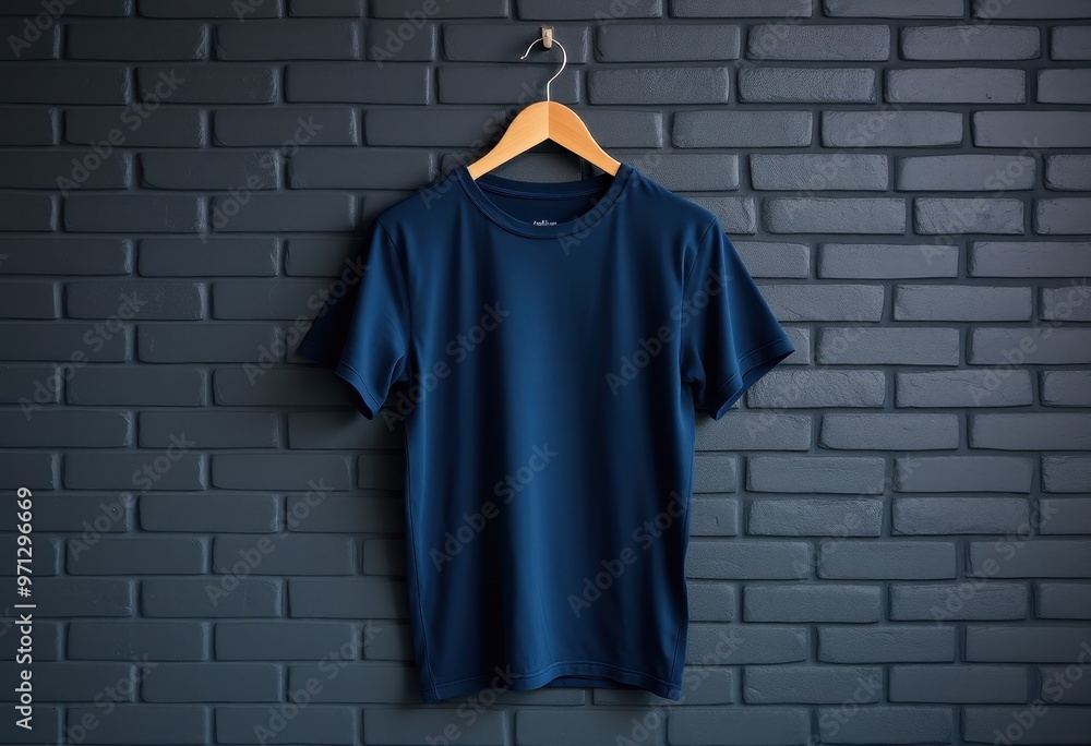 Blue T-shirt Hanging on Wooden Hanger Against Brick Wall Blue T-shirt Hanging on Wooden Hanger Against Brick Wall