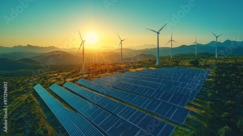 Wind turbines and solar panels in a field with mountains in the background at sunset.