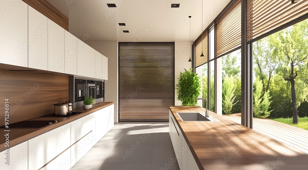 Modern kitchen interior with panoramic window, white cabinets and brown countertop, minimalist design, stainless steel appliances, natural light from large windows, plants on the counter for greenery Modern kitchen interior with panoramic window, white cabinets and brown countertop, minimalist design, stainless steel appliances, natural light from large windows, plants on the counter for greenery