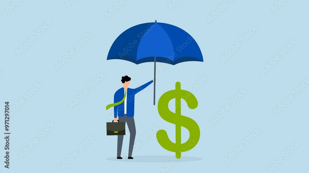 Income protection insurance, 4k animation of The businessman with a large umbrella exuding confidence, covered in dollar signs. Income protection insurance, 4k animation of The businessman with a large umbrella exuding confidence, covered in dollar signs.