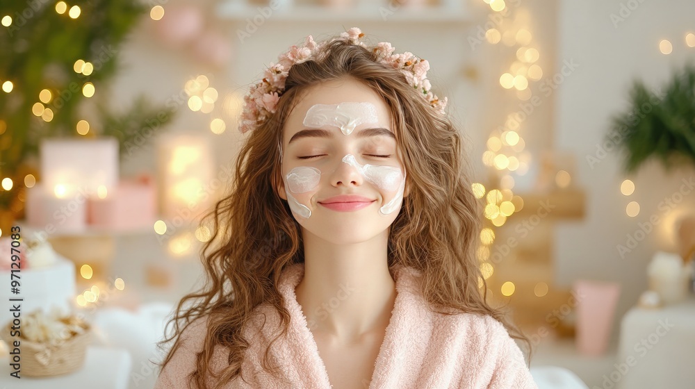A woman in a robe gently massaging a rich face cream onto her glowing skin, with a background of soft, neutral colors and natural lighting for a calm and serene atmosphere A woman in a robe gently massaging a rich face cream onto her glowing skin, with a background of soft, neutral colors and natural lighting for a calm and serene atmosphere