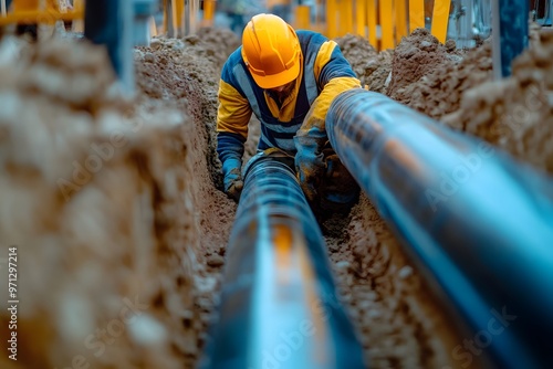 Close-up of a construction worker working on a large plastic pipe for water and gas installation in a trench, at a construction site during landscape development