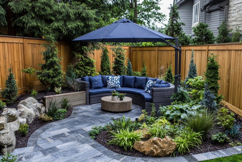 Naklejka premium Beautiful plants, horizontal cedar fencing, and a matching gate and arbor frame a private entrance to an urban backyard garden. Casual patio furniture with a canopy.