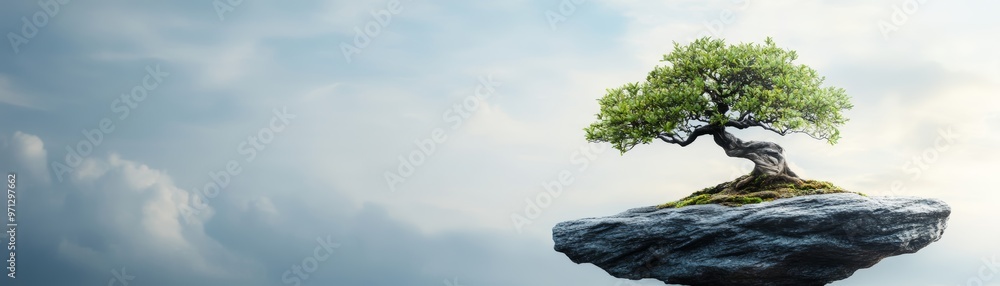 A serene floating tree on a rocky outcrop, symbolizing resilience and beauty against a tranquil sky backdrop. A serene floating tree on a rocky outcrop, symbolizing resilience and beauty against a tranquil sky backdrop.