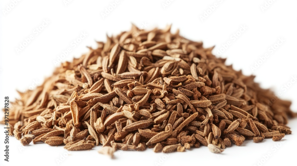 A Large Pile of Ground Cumin Seeds on a White Background Showcasing Their Rich, Earthy Color A Large Pile of Ground Cumin Seeds on a White Background Showcasing Their Rich, Earthy Color