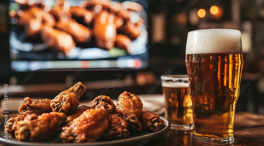 A plate of chicken wings and a beer on the table in front of the TV, watching a football game at home A plate of chicken wings and a beer on the table in front of the TV, watching a football game at home