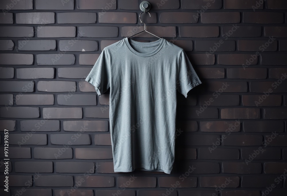 Plain Gray T-Shirt Hanging on Hook Against Brick Wall Plain Gray T-Shirt Hanging on Hook Against Brick Wall