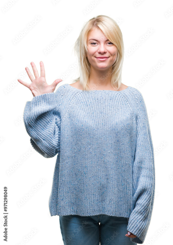 Young beautiful blonde woman wearing winter sweater over isolated background showing and pointing up with fingers number five while smiling confident and happy. Young beautiful blonde woman wearing winter sweater over isolated background showing and pointing up with fingers number five while smiling confident and happy.