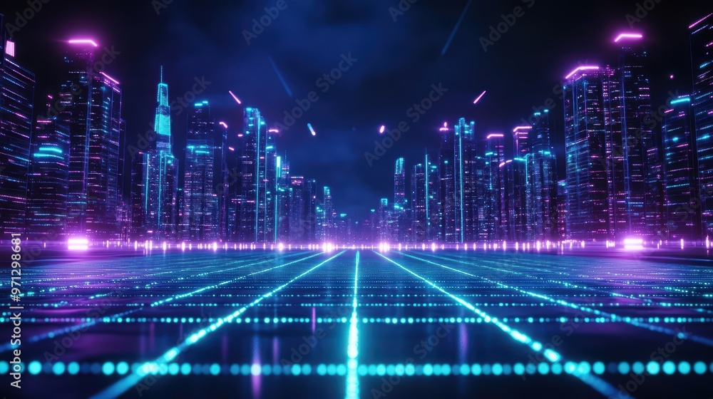 Vibrant neon cityscape with glowing buildings and illuminated pathways, set against a dark sky in a futuristic urban environment. Vibrant neon cityscape with glowing buildings and illuminated pathways, set against a dark sky in a futuristic urban environment.
