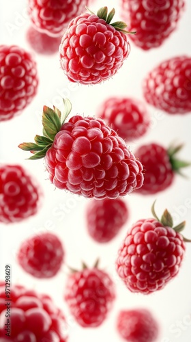 Wallpaper Mural Fresh Red Raspberries Floating in the Air With Droplets on Them Against a White Background Torontodigital.ca