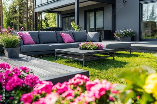 Observe the beautiful garden from the wooden deck terrace with comfortable chairs and sofas