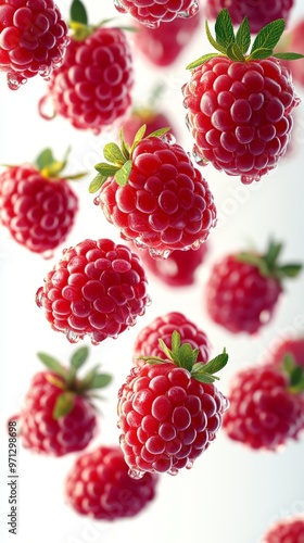 Fresh Red Raspberries Floating in the Air With Droplets on Them Against a White Background