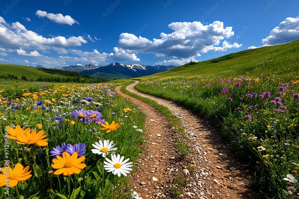Fototapeta premium A rural road winding through a colorful wildflower meadow, the vibrant colors creating a stunning contrast against the blue sky