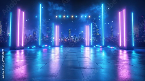 Vibrant stage background with neon lights and urban skyline. Perfect for events, shows, and performances.