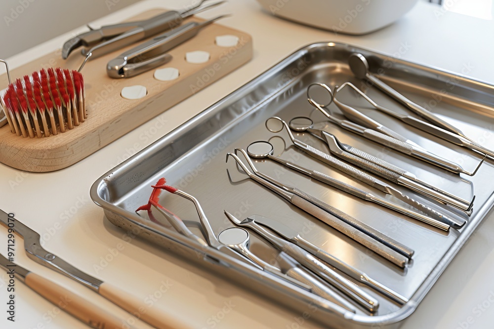A photo shows various dental tools on an open medical tray, including pliers and several sharp metal instruments with red-tipped tips lying next to each other. A wooden hairbrush is also visible on th A photo shows various dental tools on an open medical tray, including pliers and several sharp metal instruments with red-tipped tips lying next to each other. A wooden hairbrush is also visible on th