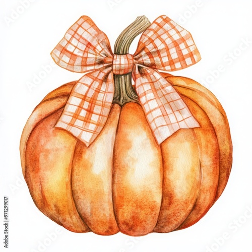A watercolor illustration of a pumpkin adorned with a checkered bow.