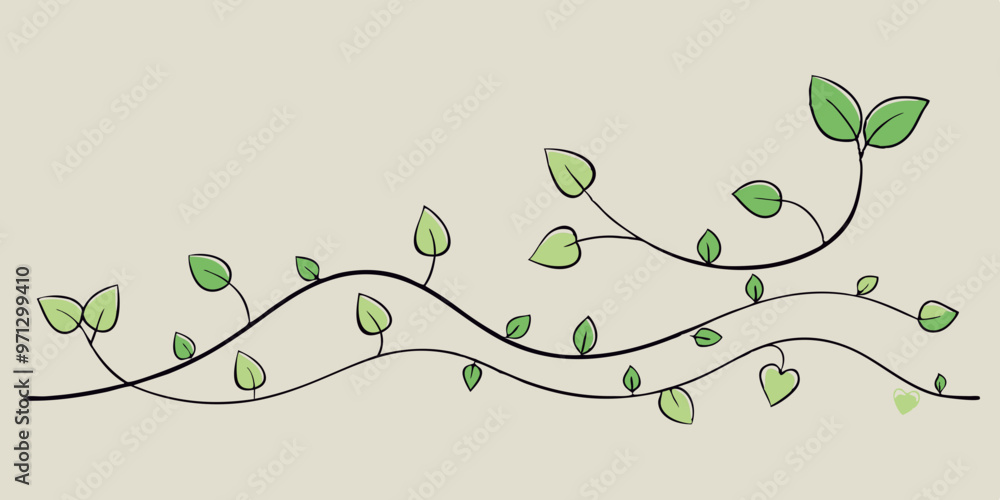 A minimalist line art design of a vine with heart-shaped leaves climbing upwards.
A minimalist line art design of a vine with heart-shaped leaves climbing upwards.