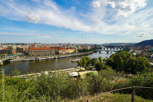 panoramic cityscape of Prague and the river from Letna park