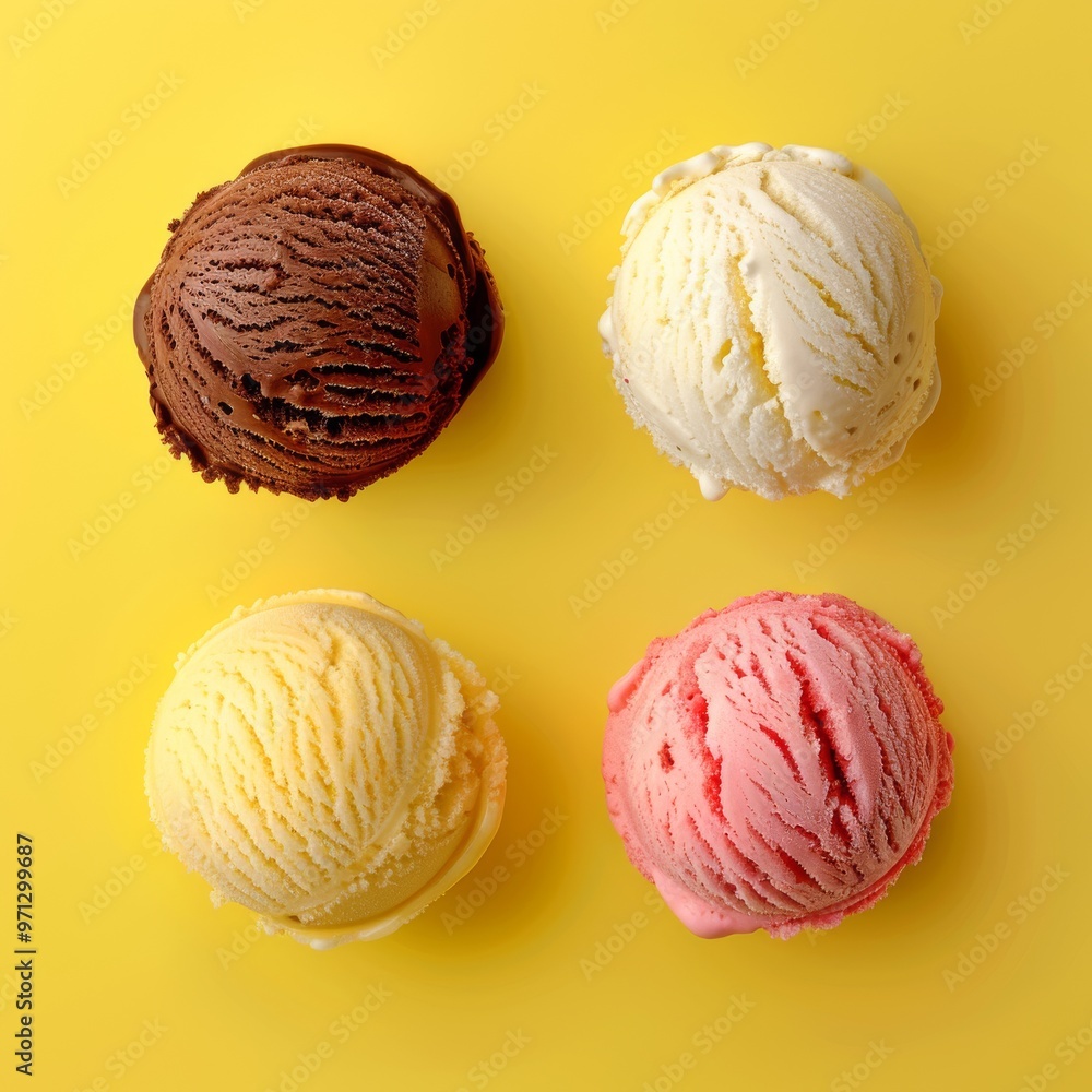 Classic Ice Cream Scoops Arranged on a Bright Yellow Background Classic Ice Cream Scoops Arranged on a Bright Yellow Background