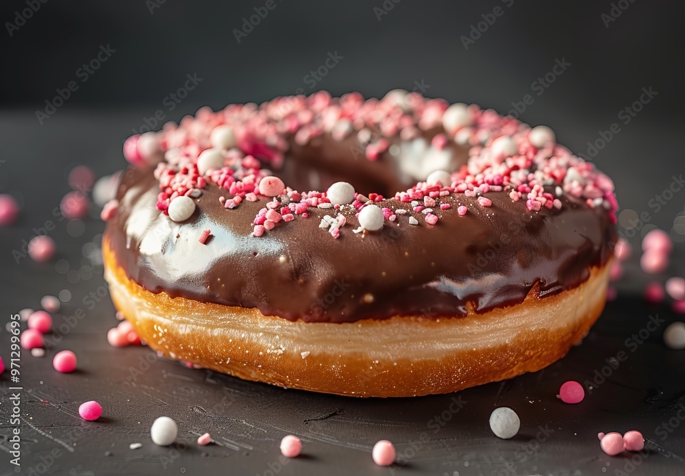 A photorealistic donut with chocolate and white icing, sprinkled with pink colored decorations. The photo is taken from the side, with a dark background. -- A photorealistic donut with chocolate and white icing, sprinkled with pink colored decorations. The photo is taken from the side, with a dark background. --