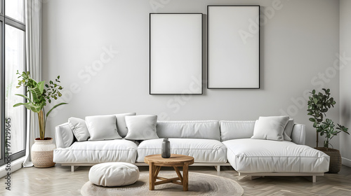 Frame & Poster mock up in living room. Scandinavian interior. 3d rendering. Generative Ai.