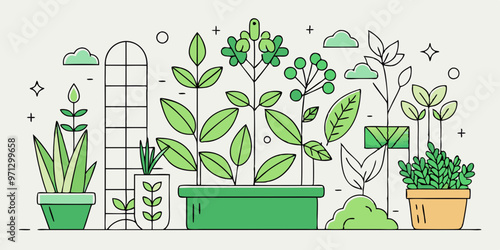 A minimalist line art design of a small herb garden with basil, thyme, and mint.

