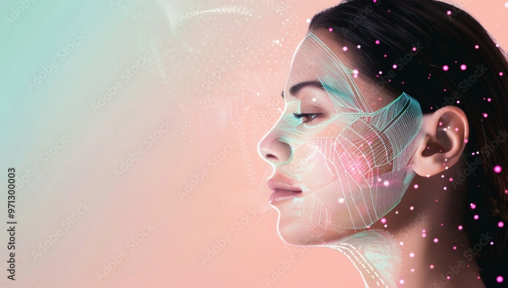 Beautiful woman is shown with an salon skincare AI face scan system overlayed on her face, showing lines and dots connected to form facial muscle shapes abstract background with pastel colors Beautiful woman is shown with an salon skincare AI face scan system overlayed on her face, showing lines and dots connected to form facial muscle shapes abstract background with pastel colors