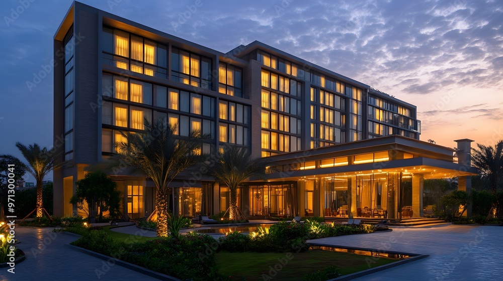 Obraz premium Modern Hotel Building with Illuminated Windows at Dusk