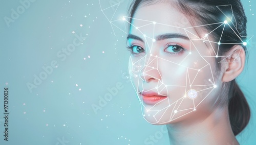 Beautiful woman is shown with an salon skincare AI face scan system overlayed on her face, showing lines and dots connected to form facial muscle shapes abstract background with pastel colors