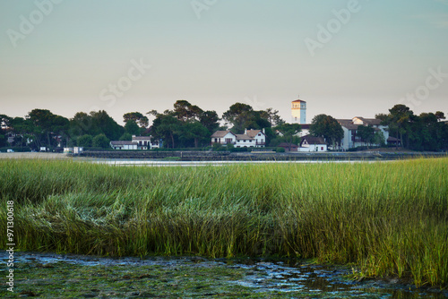 Lever de soleil sur le clocher de l'église d'Hossegor  depuis le lac marin avec un herbier en premier plan.