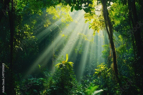 Enchanting greenery and sunlit canopy in a lush vibrant forest for nature design.
