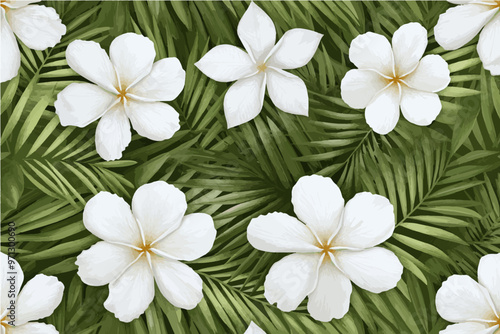 White plumeria flowers on green palm leaves seamless pattern background-gigapixel-art-scale-4_00x