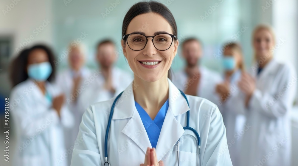 A smiling female doctor wearing glasses and a stethoscope, standing confidently in front of a team of healthcare professionals, showcasing teamwork and leadership. A smiling female doctor wearing glasses and a stethoscope, standing confidently in front of a team of healthcare professionals, showcasing teamwork and leadership.