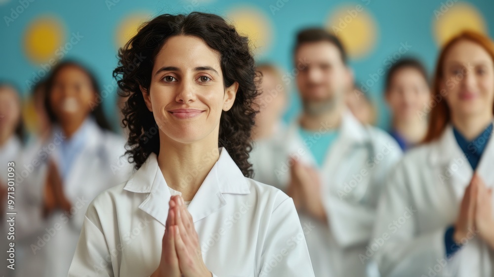 A smiling female doctor wearing glasses and a stethoscope, standing confidently in front of a team of healthcare professionals, showcasing teamwork and leadership. A smiling female doctor wearing glasses and a stethoscope, standing confidently in front of a team of healthcare professionals, showcasing teamwork and leadership.