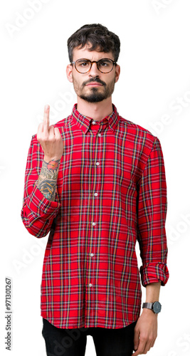 Young handsome man wearing glasses over isolated background Showing middle finger, impolite and rude fuck off expression photo